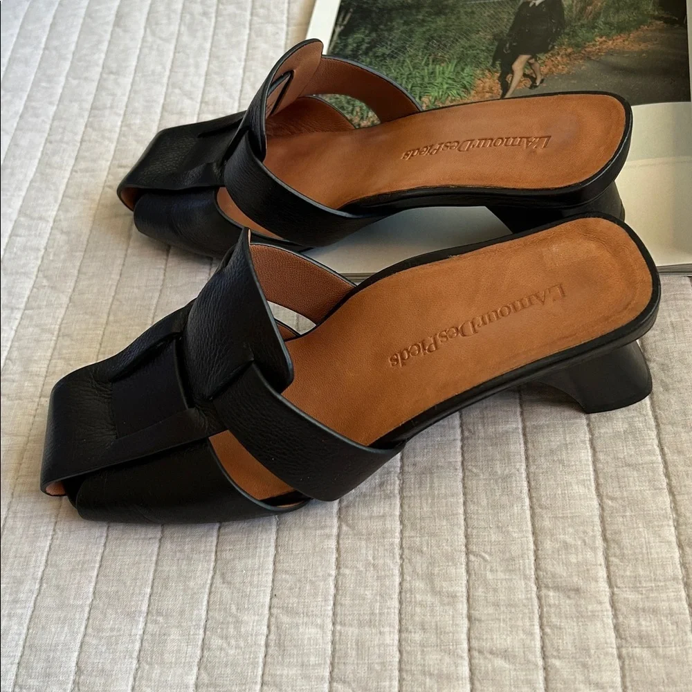 L’Amour Des Pieds black leather basket weave heeled slide mule sandals 8​ - Picture 7 of 13